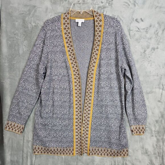 Susan Graver large cardigan duster coat blue white gold cotton rayon - Picture 1 of 9